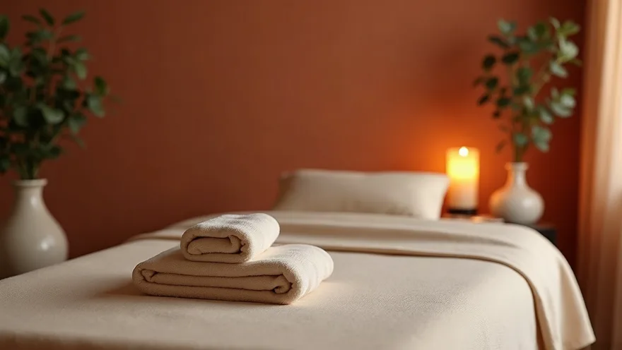 Cabina de estética con camilla, vela y pared terracota
