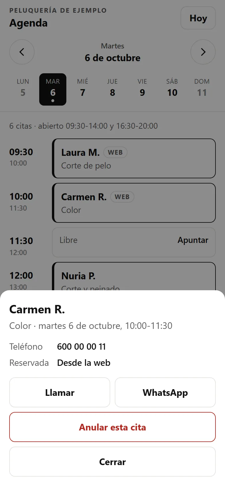 Ficha de una cita en la app: servicio, hora, teléfono del cliente, botones para llamar, WhatsApp y anular la cita