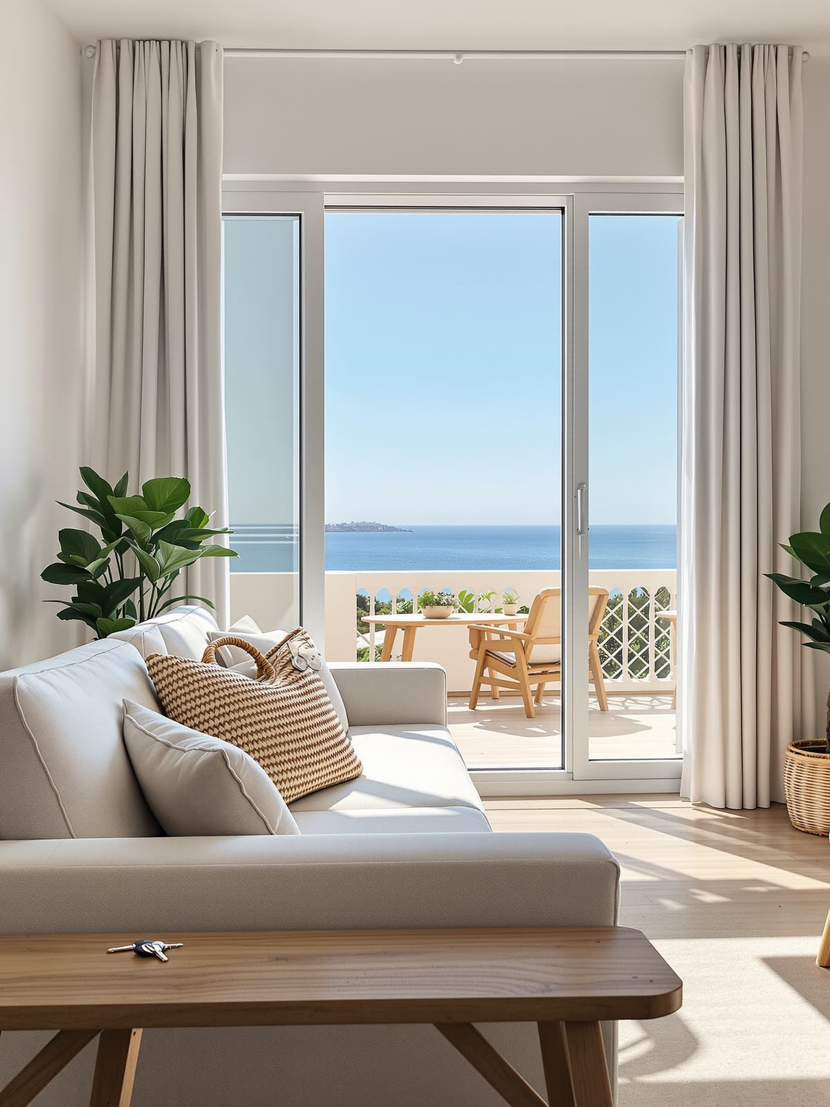 Salón de un apartamento vacacional con vistas al mar y las llaves sobre la mesa