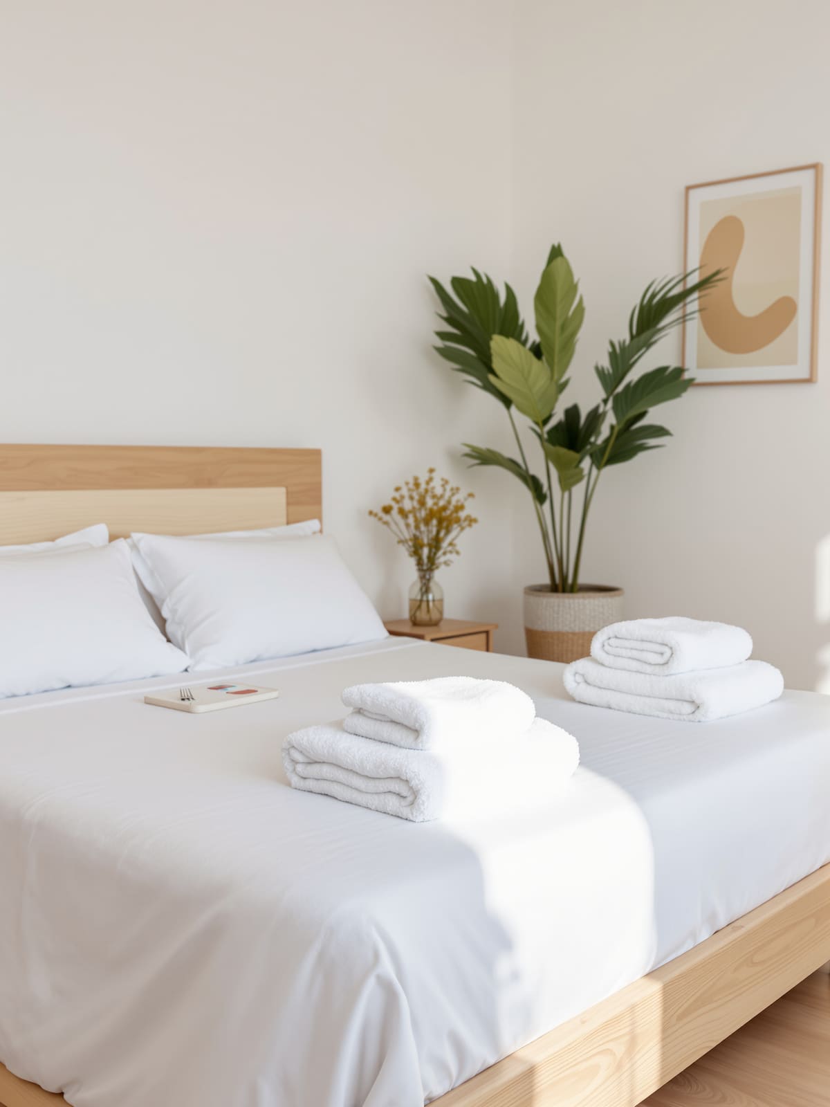 Cama de matrimonio con sábanas blancas y toallas dobladas