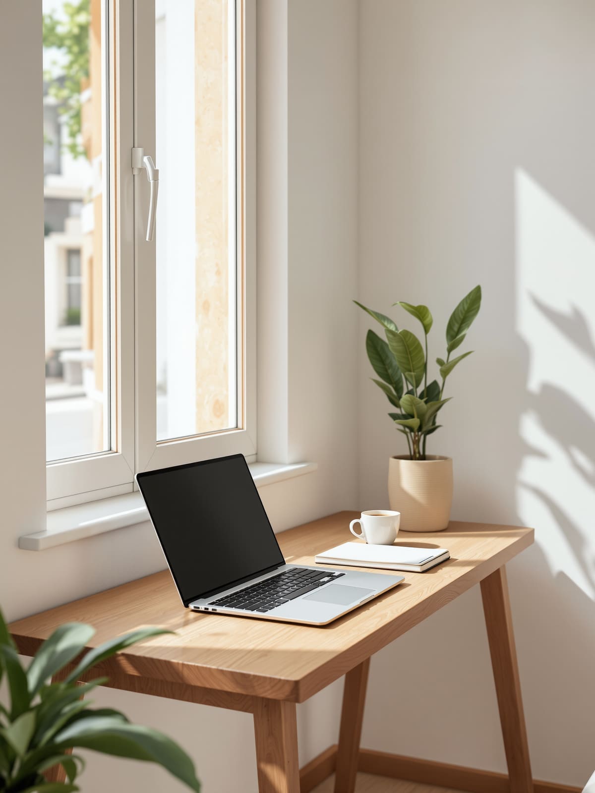 Mesa junto a la ventana con un portátil, una libreta y un café