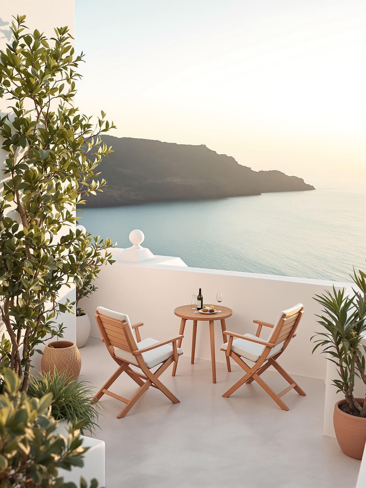 Terraza encalada con dos sillas mirando al mar al atardecer