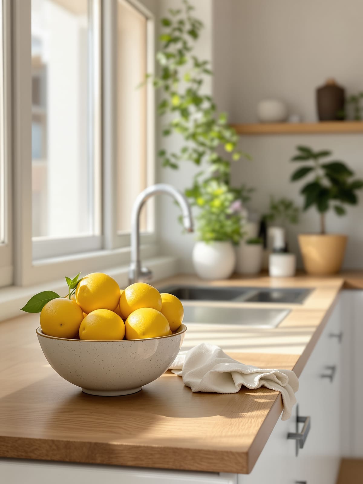 Cocina de apartamento con un cuenco de limones sobre la encimera