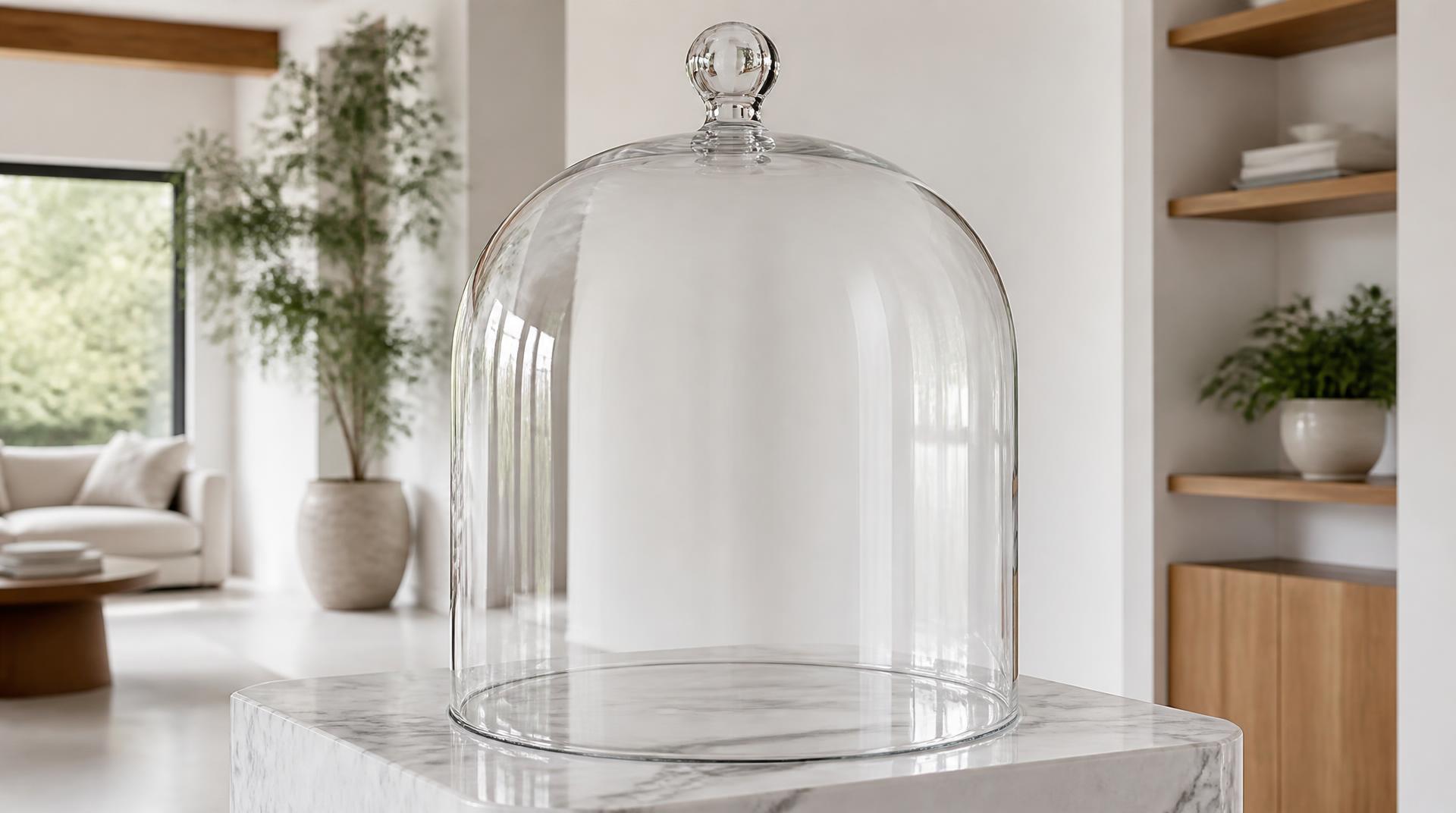 Una campana de cristal vacía sobre un pedestal de mármol