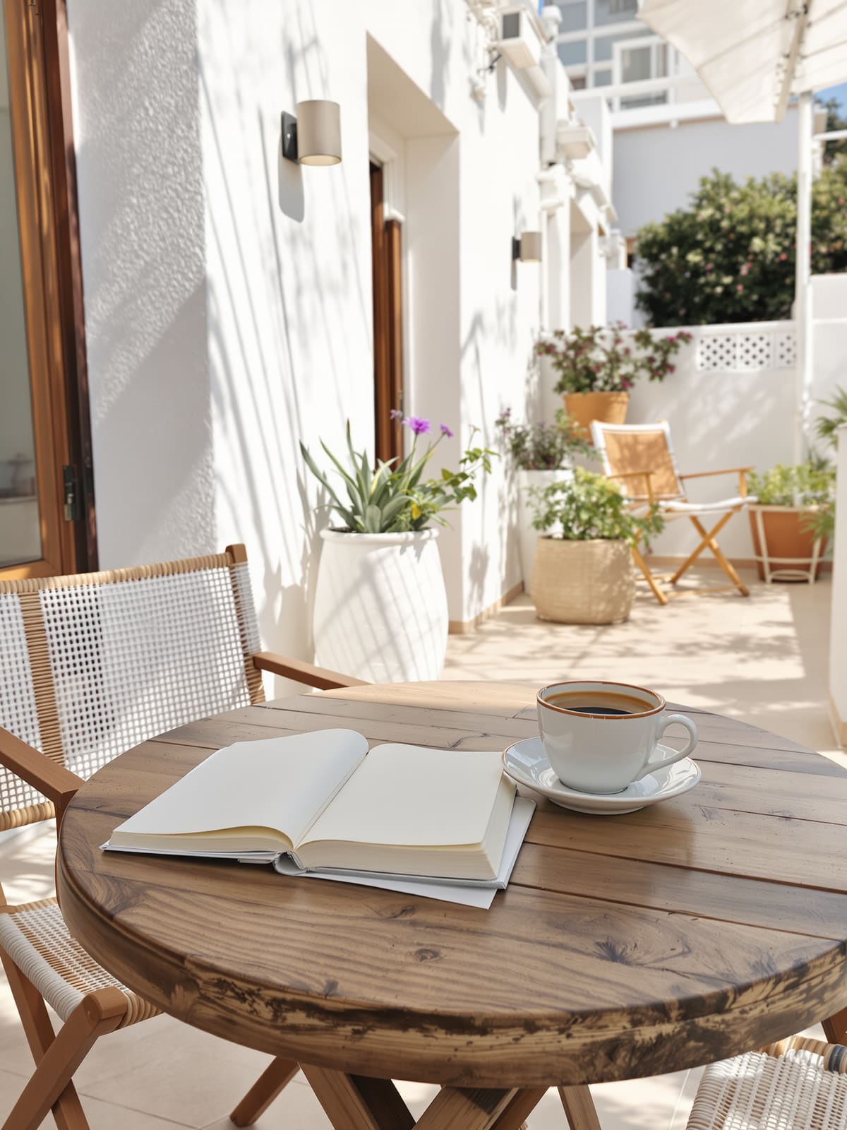 Café y libreta sobre una mesa de terraza por la mañana