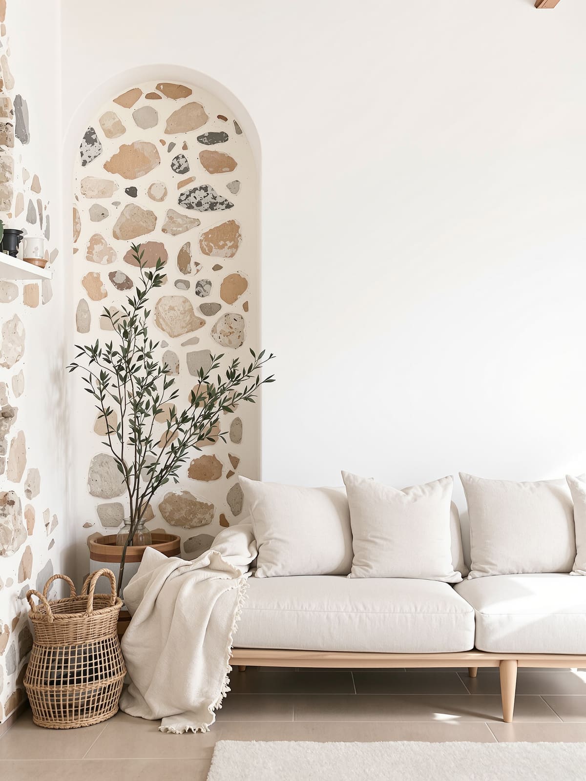 Salón de una casa rural con pared de piedra, sofá de lino y ramas de olivo