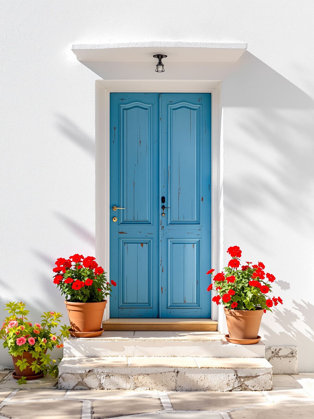 Fachada encalada con puerta azul y macetas de geranios