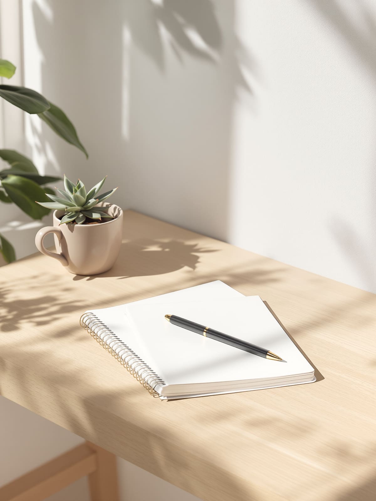 Libreta cerrada con bolígrafo, taza y una suculenta sobre una mesa de roble