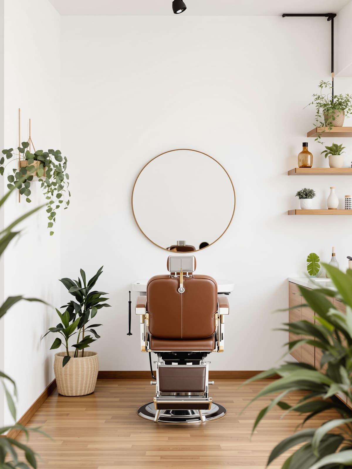 Sillón de barbero de cuero frente a un espejo redondo en una barbería luminosa