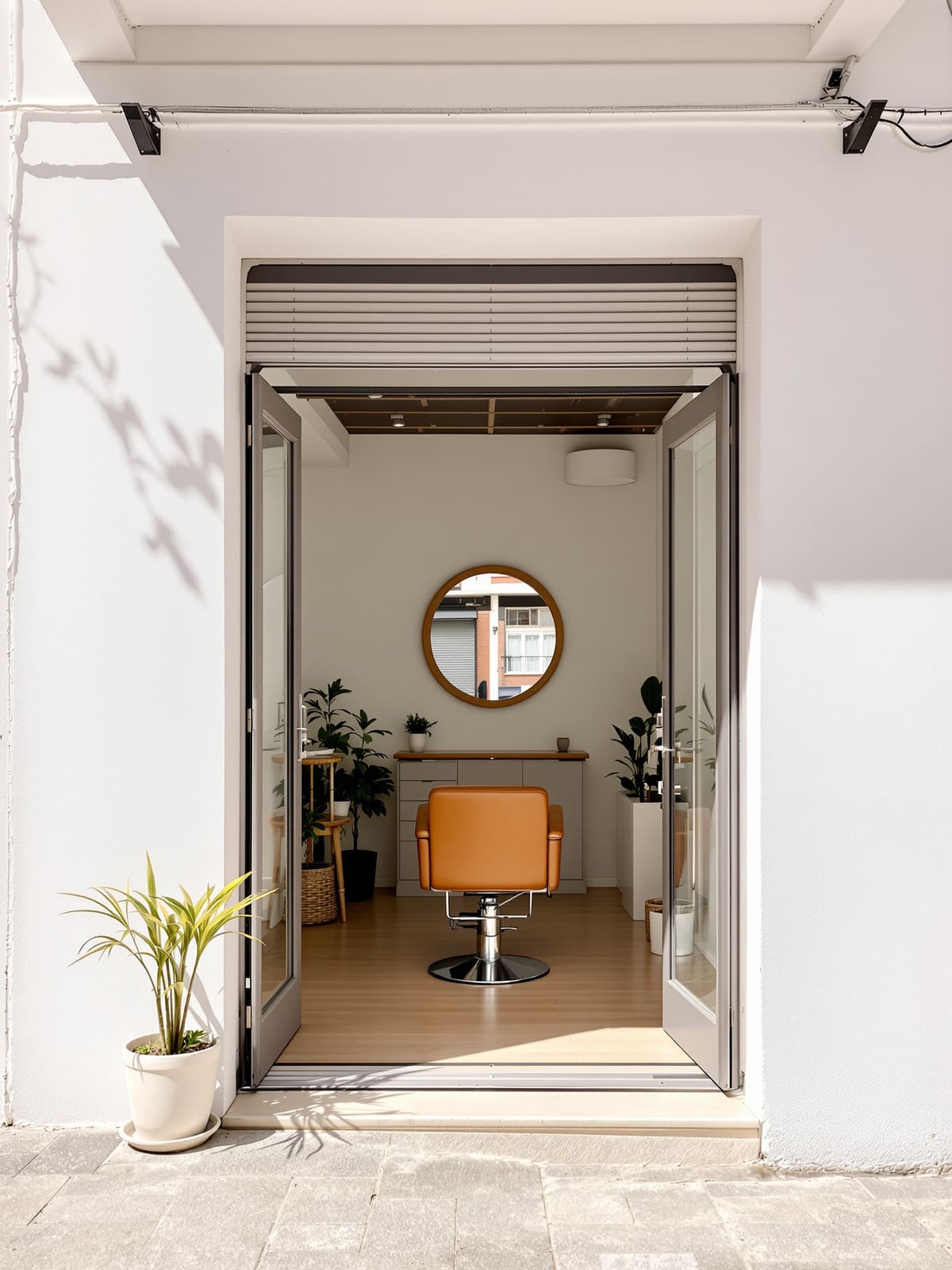Puerta abierta de una peluquería pequeña a una calle encalada con sol
