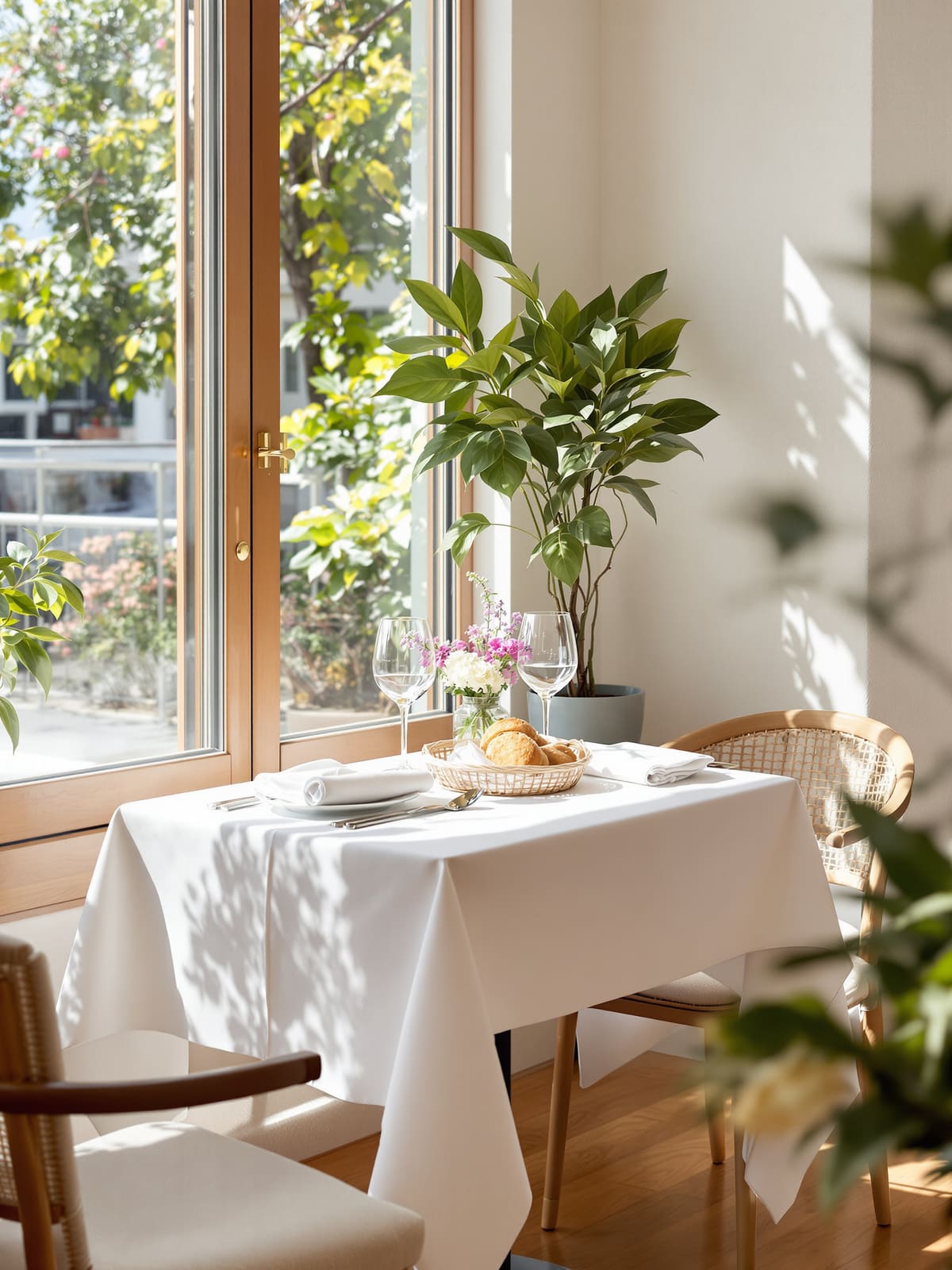 Mesa para dos junto a una ventana, con mantel blanco, copas y una cesta de pan