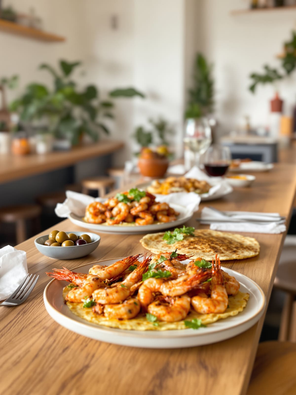 Platos de tapas en una barra de madera: gambas, tortilla y aceitunas