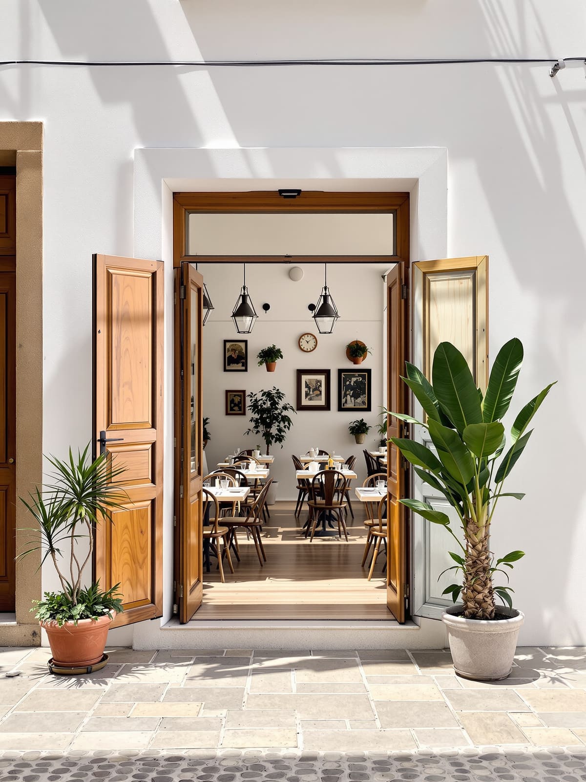 Puertas de madera abiertas de un restaurante pequeño a una calle encalada con sol