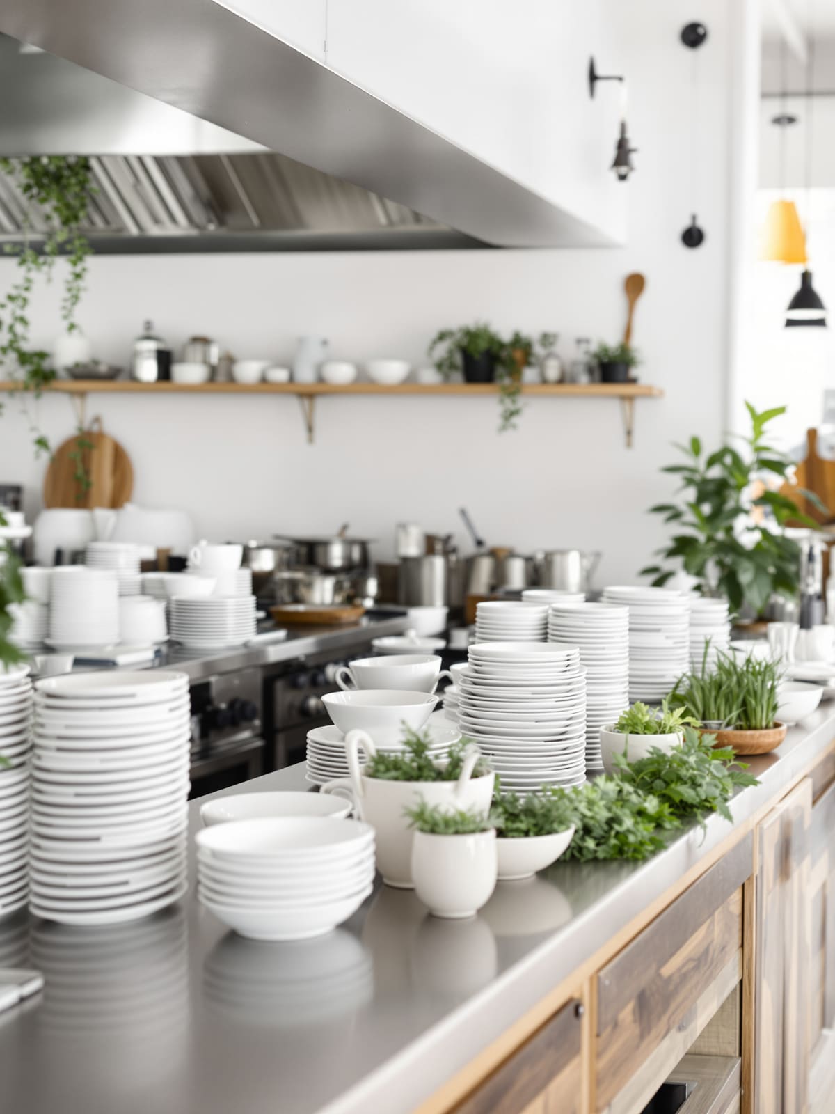 Pase de cocina con platos blancos apilados y cuencos de hierbas frescas