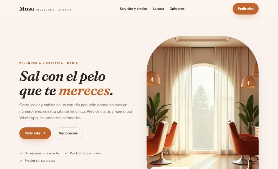 Demo de web para peluquería y centro de estética diseñada por Akkinio, con servicios, precios y cita a un toque