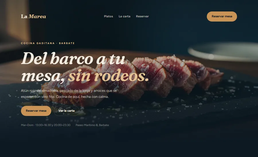 Ejemplo de página web para un restaurante de Málaga diseñada por Akkinio, con carta digital y reservas por WhatsApp